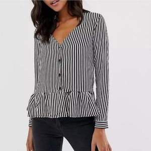 ASOS Boohoo Basic Frill Hem Stripped Blouse in Black and White